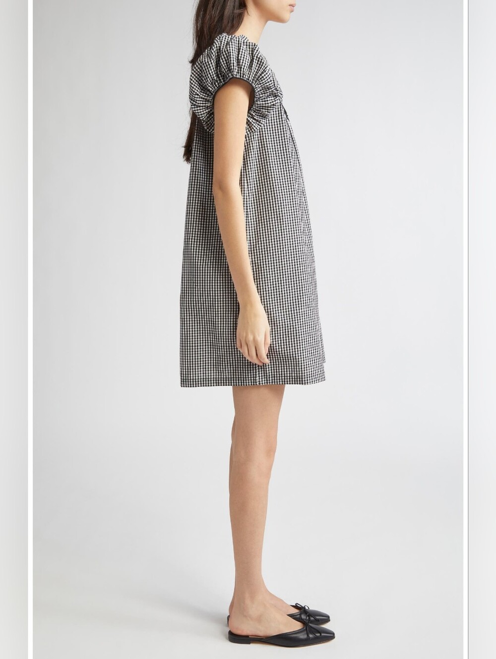New DÔEN Julia Gingham Cotton Black & White Gingham Shirt Dress with Tie Neck - Picture 3 of 14
